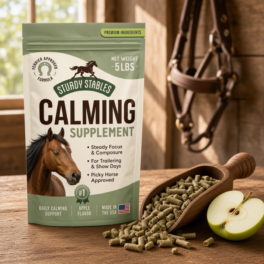 Calming bag with a wooden scoop of pellets