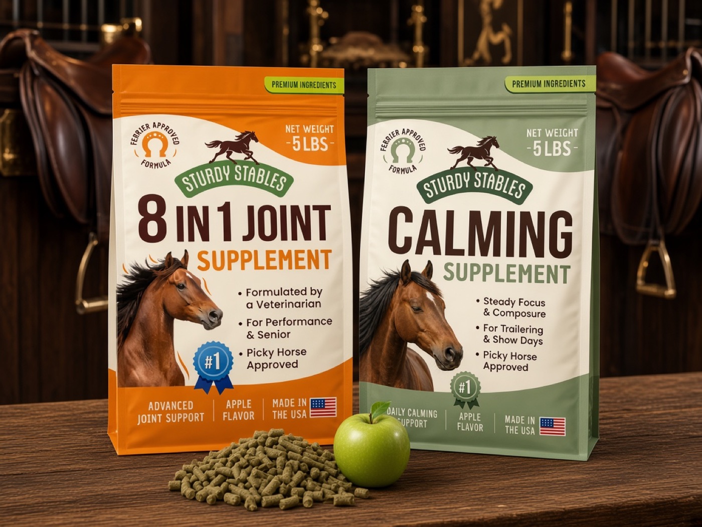 Sturdy Stables joint and calming supplement bags with apple flavored pellets