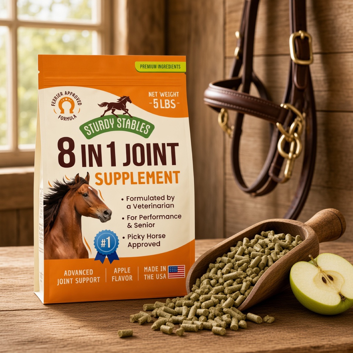 Joint bag with a scoop of apple flavored pellets