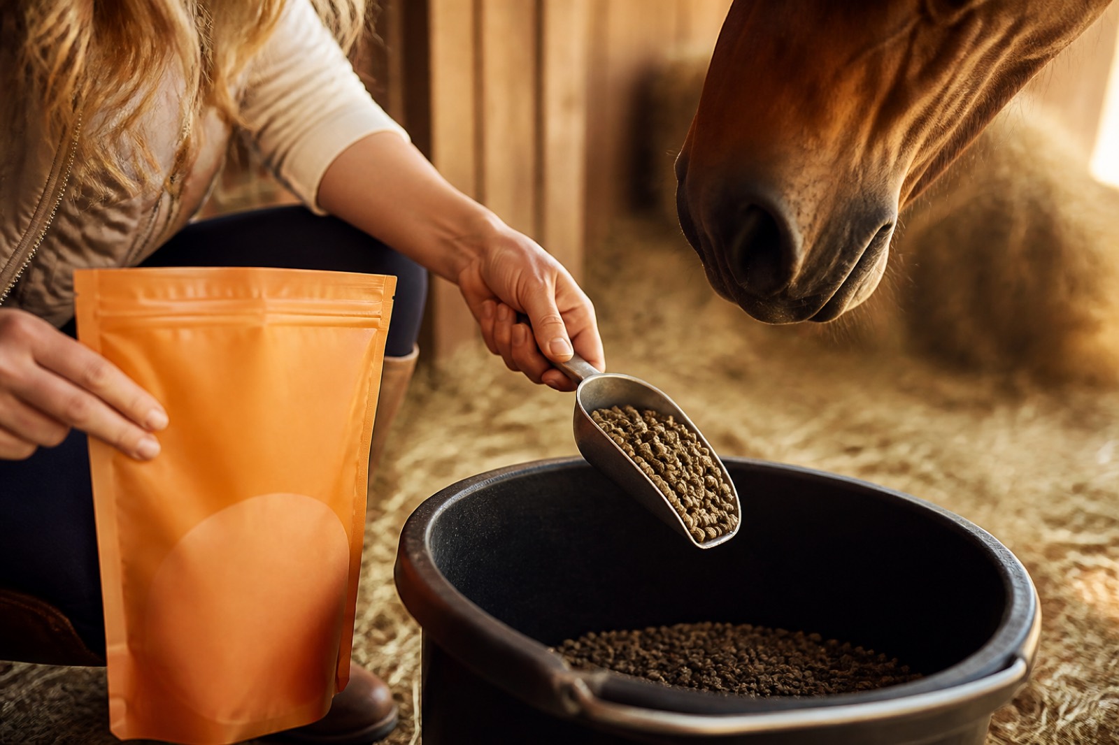 Scooping Sturdy Stables pellets into a feed tub