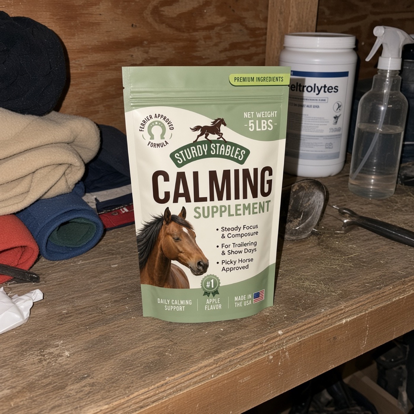 Calming bag on the feed room shelf